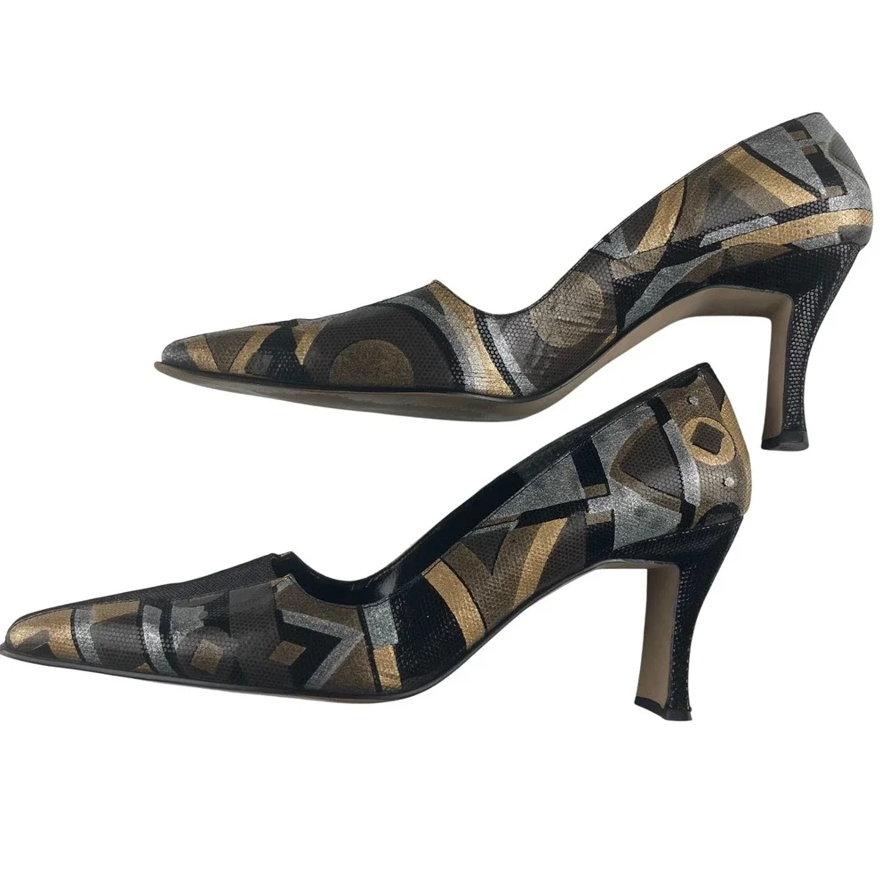 J Renee Womens Geometric Print Heels Size 10M Black Gold Silver Block Heel Pumps